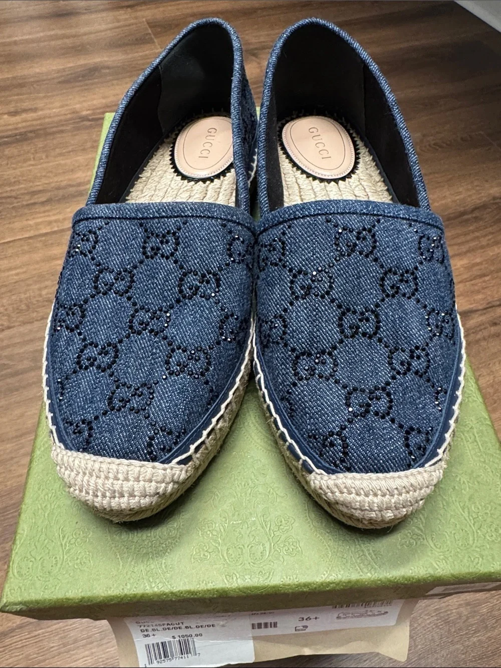 Gucci Espadrille GG Canvas Designer Flats Embellished Denim SZ 6.5 NIB